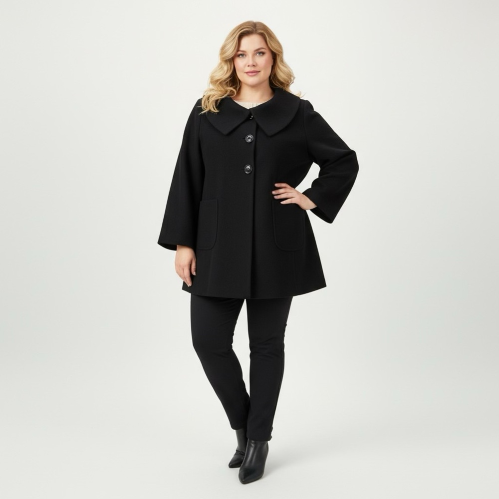 Women’s Black Pea Coat Wool Blend Coat Plus‎ Size Relaxed Fit Mickey Collar
